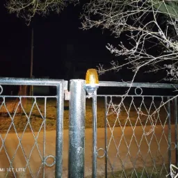 Metalowa brama z automatyką, na słupku widoczna pomarańczowa lampa ostrzegawcza, nocne ujęcie z widocznymi gałęziami drzewa.