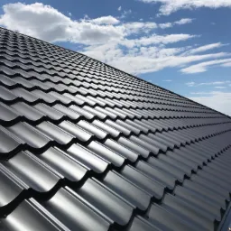 Nowy, ciemnoszary dach z blachodachówki modułowej, widoczny z dołu pod kątem, na tle błękitnego nieba z białymi chmurami.