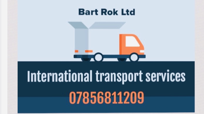 Grafika wektorowa przedstawiająca pomarańczowy samochód dostawczy z otwartym kartonem na pace, logo firmy Bart Rok Ltd oraz napis International transport services i numer telefonu 07856811209.