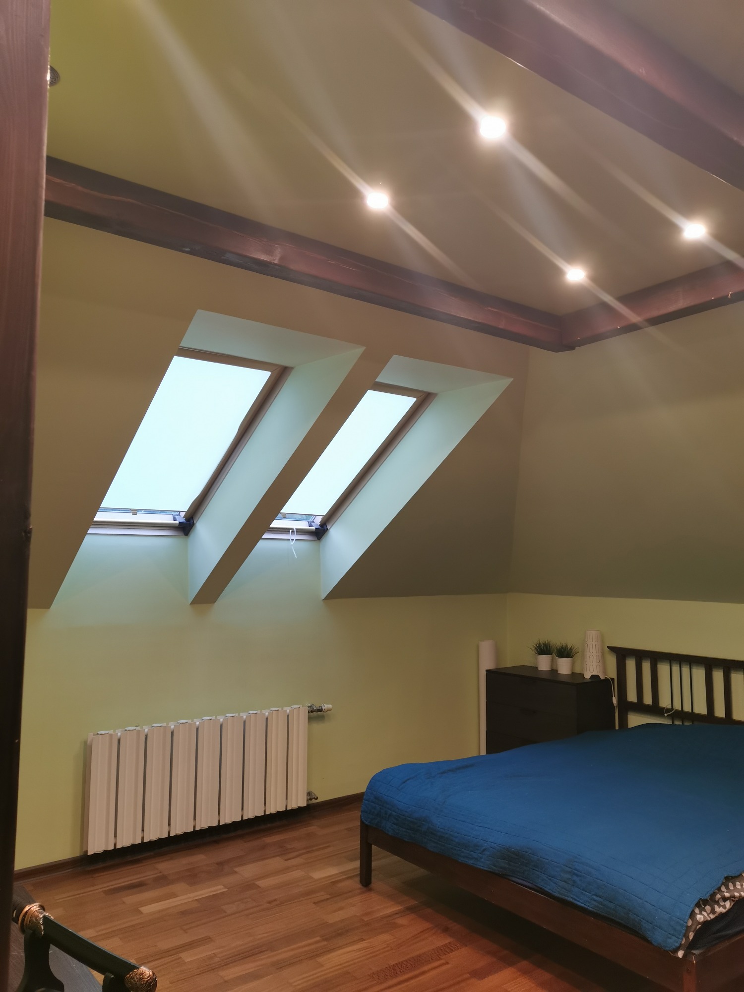 Poddasze z dwoma oknami dachowymi, pomalowane na zielono, z drewnianymi belkami sufitowymi i grzejnikiem na ścianie, oświetlone punktowo.