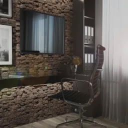 Nowoczesne biuro w Zielonej Górze z ceglaną ścianą, telewizorem, minimalistycznym biurkiem, ergonomicznym krzesłem i rośliną doniczkową przy oknie.