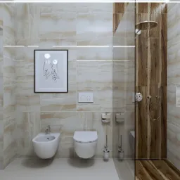 Nowoczesna łazienka z beżowymi płytkami imitującymi marmur, kabina prysznicowa ze szklaną ścianką i drewnianym panelem, wisząca toaleta i bidet, minimalistyczny obrazek na ścianie.