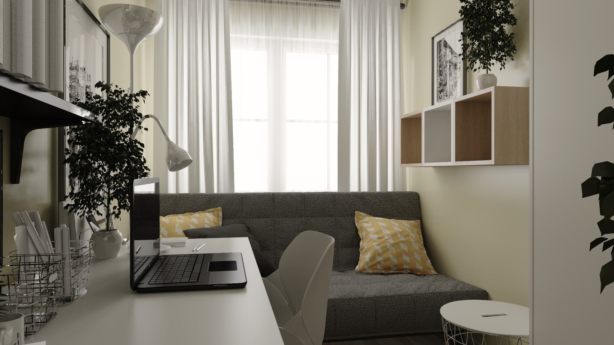 Wizualizacja domowego biura z szarą sofą z żółtymi poduszkami, biurkiem z laptopem i lampką, półkami ściennymi oraz roślinami doniczkowymi w jasnym pomieszczeniu z dużym oknem.