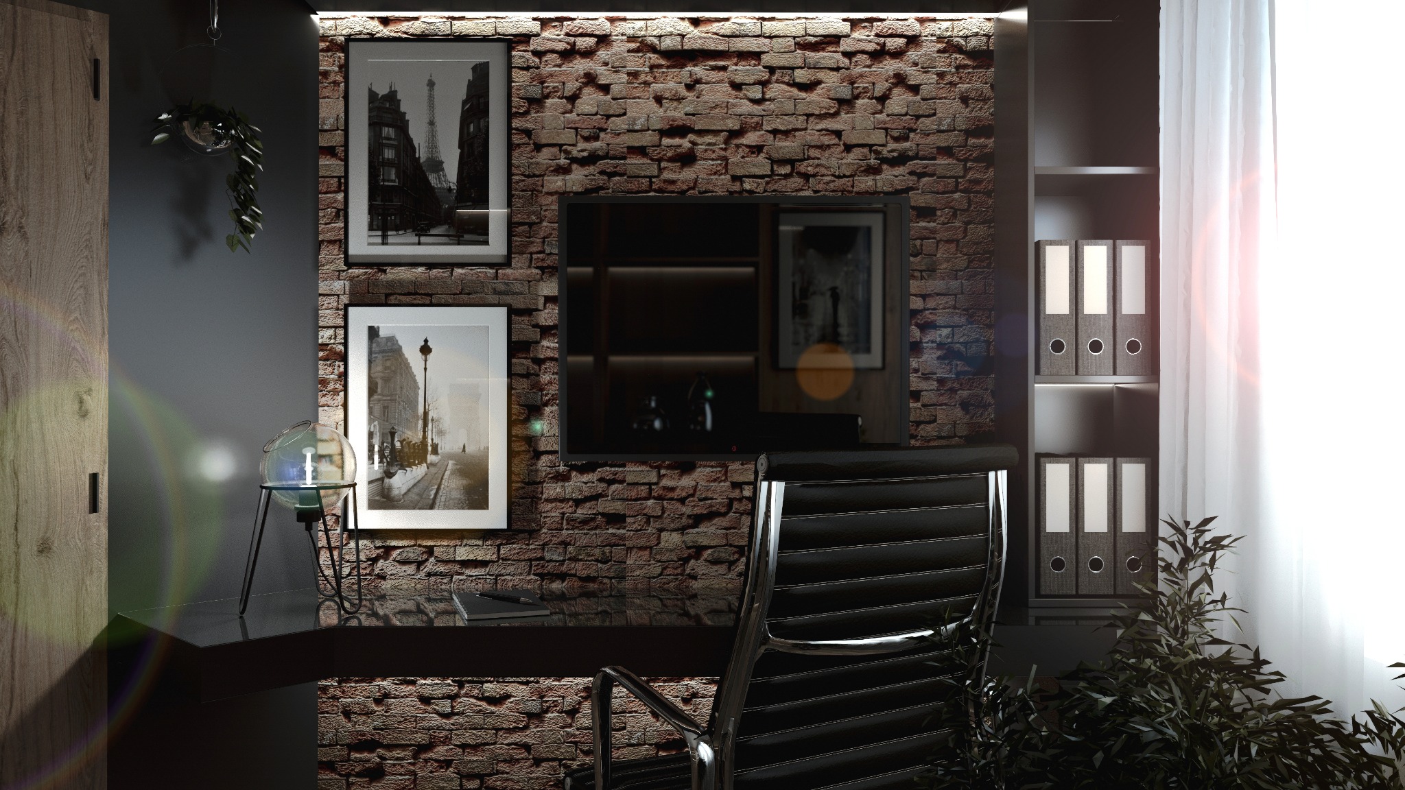 Biuro domowe z ceglaną ścianą, czarnym biurkiem, krzesłem obrotowym, lampą kulą i obrazami Paryża.