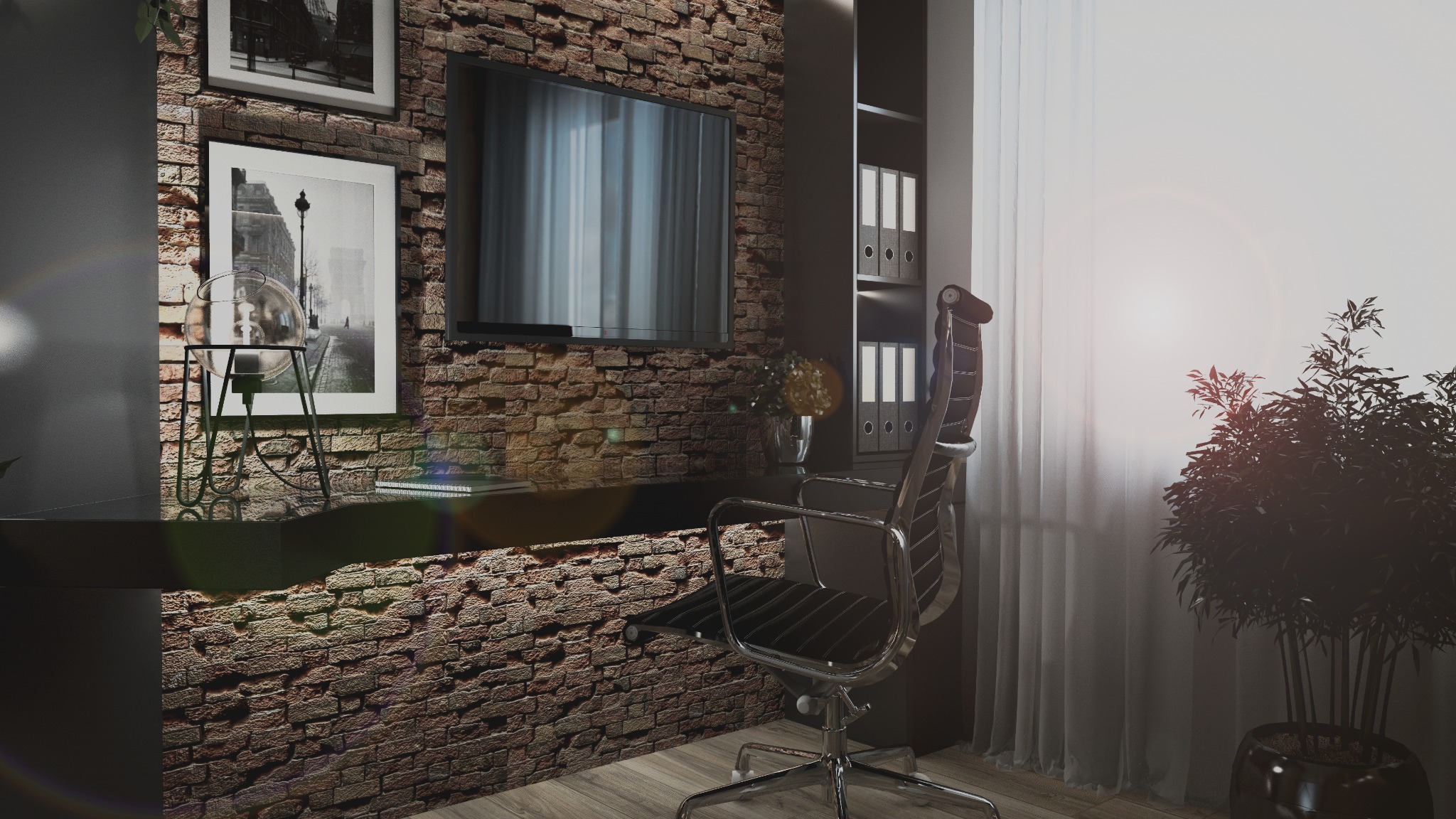 Nowoczesne biuro w Zielonej Górze z ceglaną ścianą, telewizorem, minimalistycznym biurkiem, ergonomicznym krzesłem i rośliną doniczkową przy oknie.