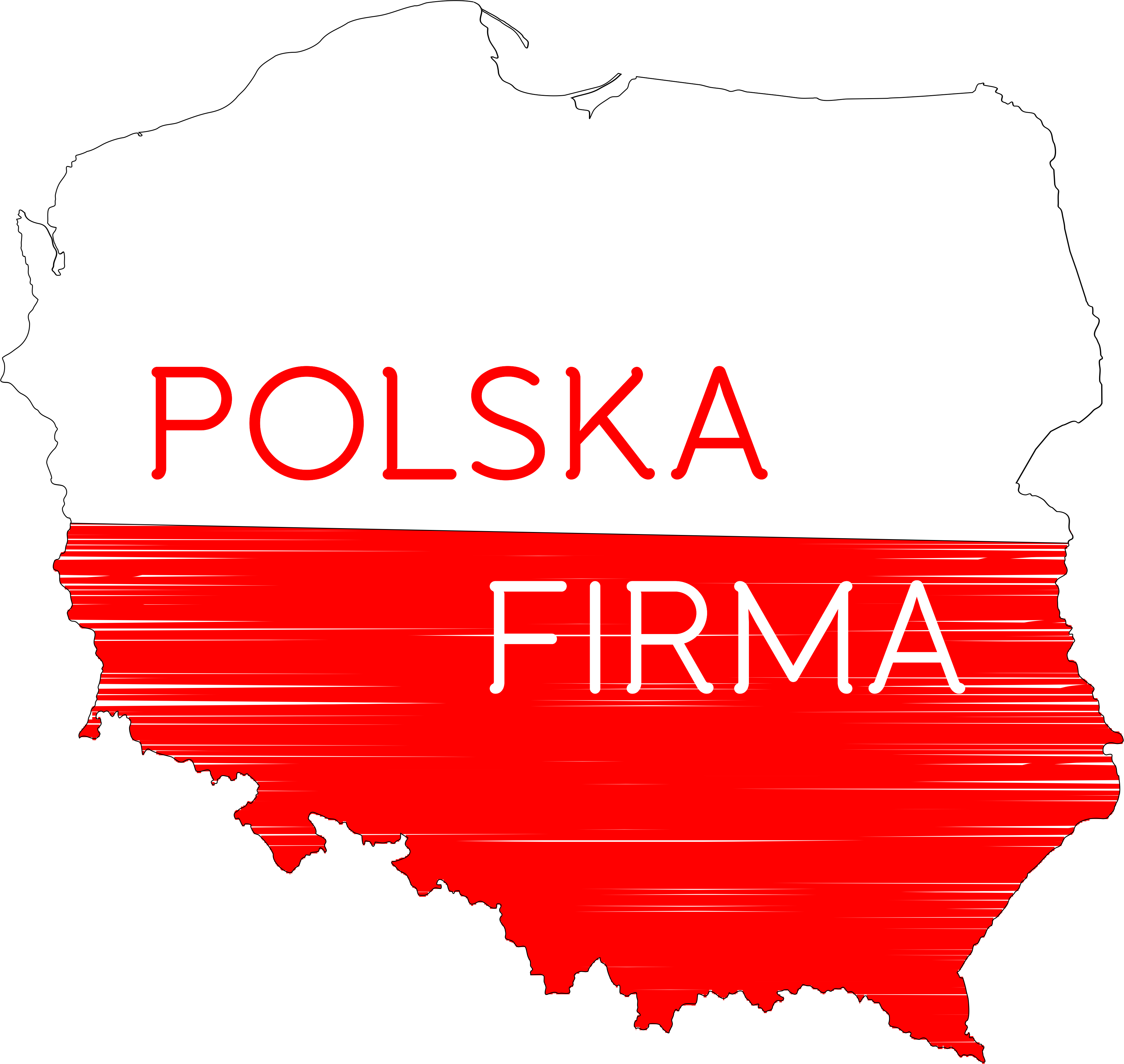 Grafika przedstawiająca mapę Polski w barwach flagi narodowej, z napisem 'POLSKA FIRMA' w kolorze czerwonym i białym.