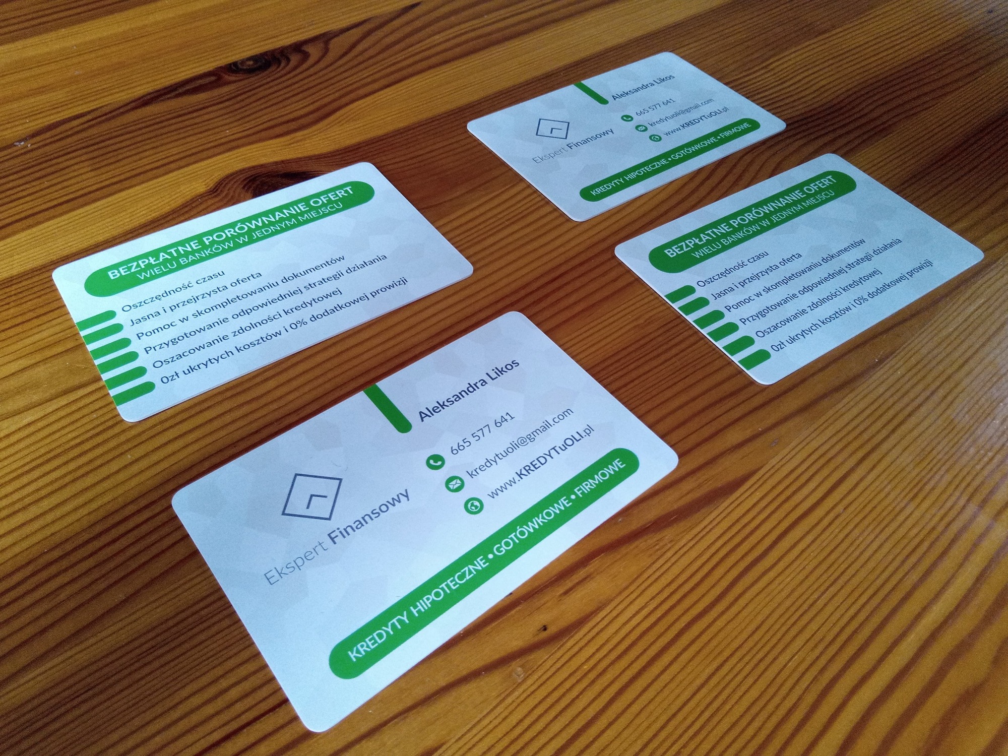 Wizytówki eksperta finansowego Aleksandry Likos, prezentujące porównanie ofert wielu banków, z zielonymi akcentami na drewnianym biurku.