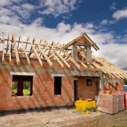 Surowy stan domu jednorodzinnego w trakcie budowy: czerwona cegła, drewniana konstrukcja dachu, palety z materiałami budowlanymi na zewnątrz, błękitne niebo z chmurami w tle.