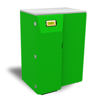 Zielony, prostopadłościenny kocioł na paliwo stałe marki Kostrzewa z widocznym wyświetlaczem, ustawiony na białym tle z czarnym cieniem.