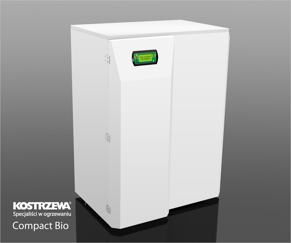Biały, automatyczny kocioł na biomasę Kostrzewa Compact Bio z zielonym wyświetlaczem, prezentowany na szarym tle z logotypem firmy w lewym dolnym rogu.