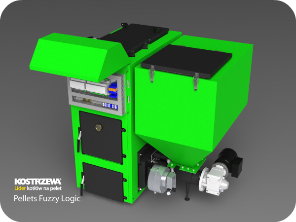 Wizualizacja 3D kotła na pellet marki Kostrzewa, model Pellets Fuzzy Logic, w jaskrawej zieleni i czerni, z widocznymi elementami sterowania i podajnikiem.