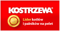 Logo firmy KOSTRZEWA, lidera kotłów i palników na pelet, na czerwonym tle.