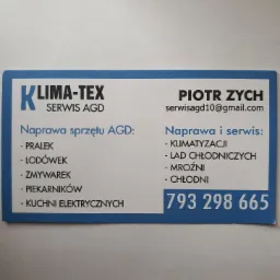 Wizytówka firmy Klima-Tex Serwis AGD, oferującej naprawę pralek, lodówek, zmywarek, piekarników i kuchni elektrycznych, a także klimatyzacji, lad chłodniczych, mroźni i chłodni, z numerem telefonu...
