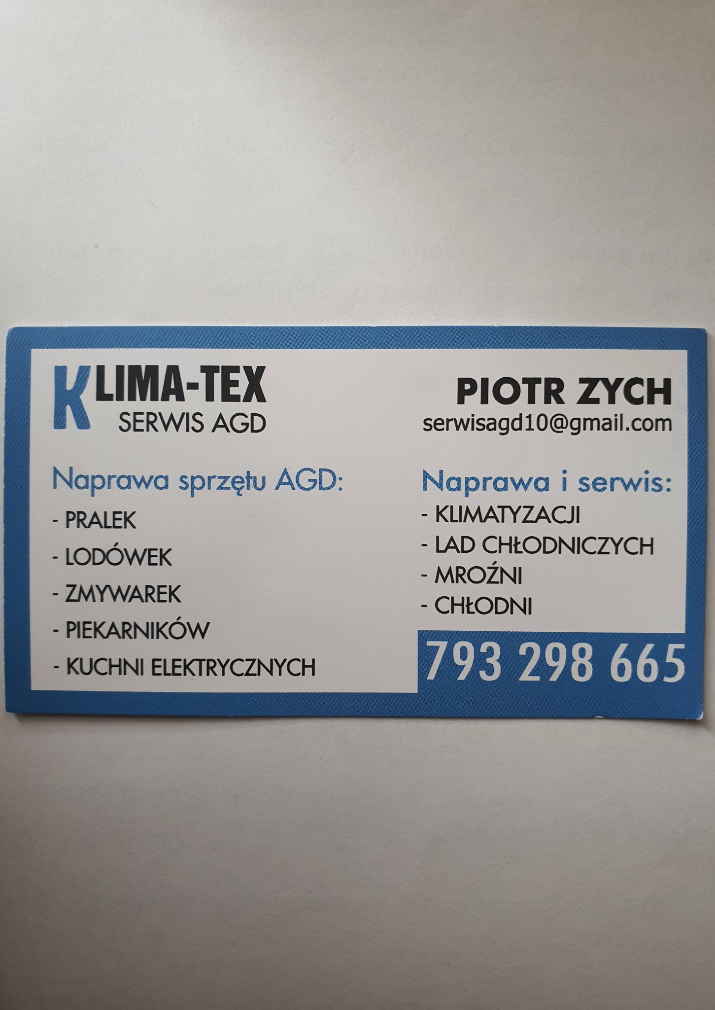 Wizytówka firmy Klima-Tex Serwis AGD, oferującej naprawę pralek, lodówek, zmywarek, piekarników i kuchni elektrycznych, a także klimatyzacji, lad chłodniczych, mroźni i chłodni, z numerem telefonu...