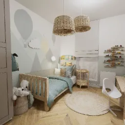 Pokój dziecięcy z drewnianym łóżeczkiem, lampami z abażurami z plecionki, dywanem z juty, biurkiem i regałem z jasnego drewna, dekoracjami ściennymi z motywem balonów i gór oraz zabawkami.