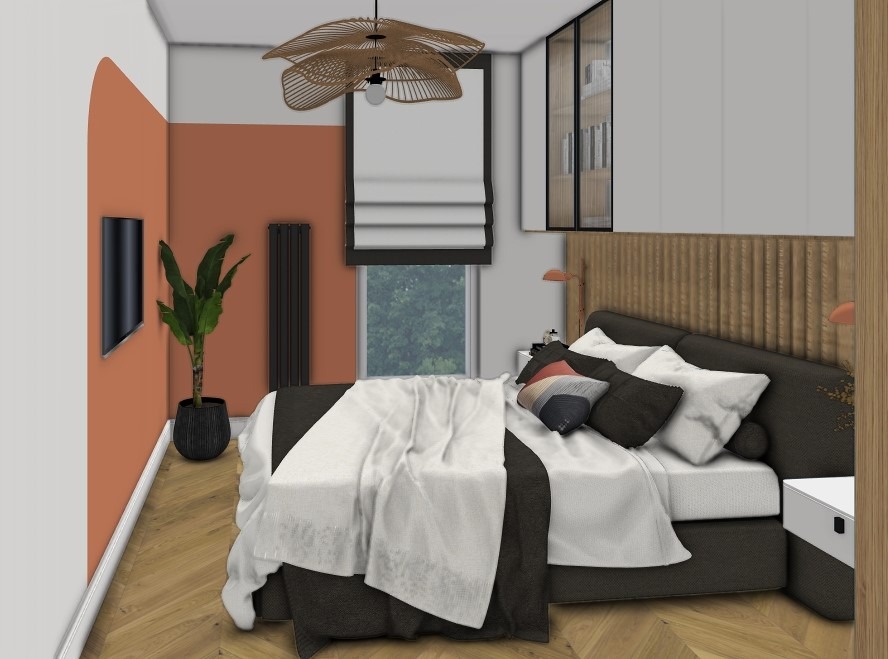 Wizualizacja sypialni z łóżkiem z ciemną ramą i białymi poduszkami, drewnianym zagłówkiem, pomarańczową ścianą z telewizorem i rośliną w doniczce, oświetleniem w stylu boho i drewnianą podłogą...