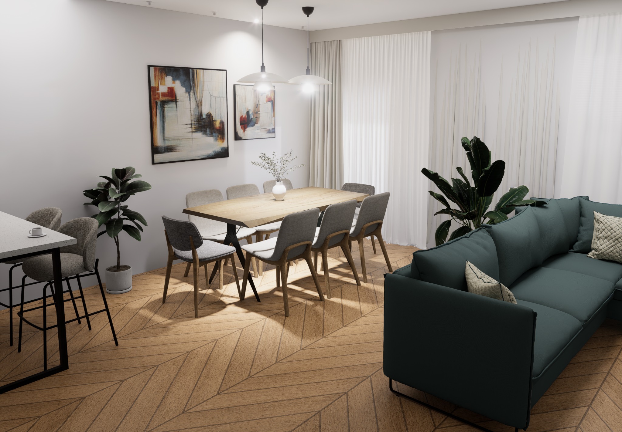 Jasne wnętrze jadalni z drewnianą podłogą ułożoną w jodełkę, stołem z szarymi krzesłami, zieloną sofą narożną i abstrakcyjnymi obrazami na ścianie.