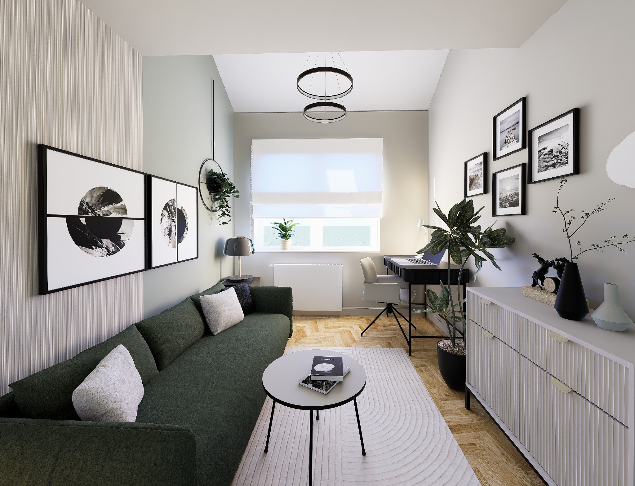 Nowoczesny salon z zieloną sofą, okrągłym stolikiem kawowym z książkami, biurkiem z laptopem przy oknie, białym dywanem w geometryczne wzory i dekoracjami ściennymi w czarno-białych ramach.