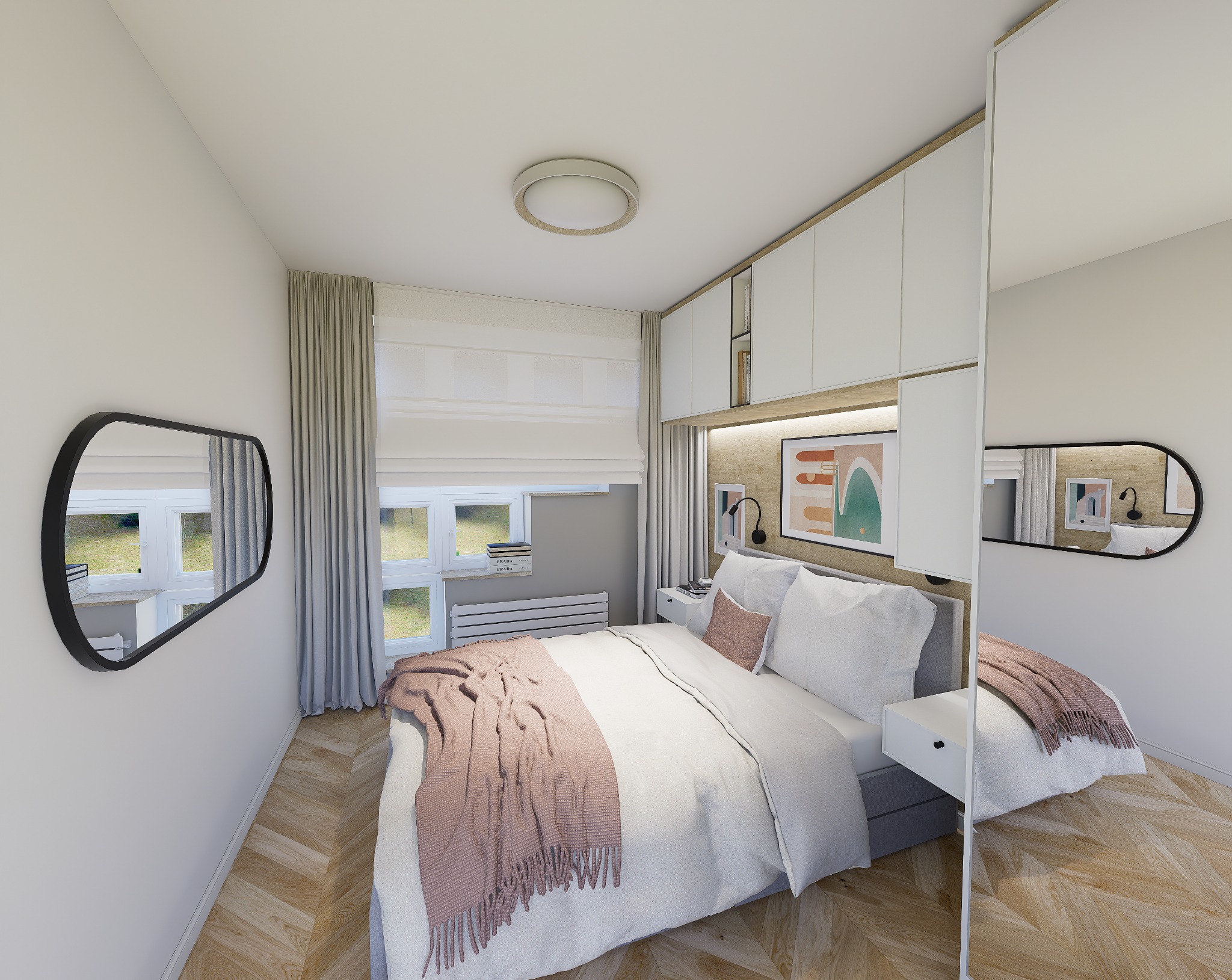 Nowoczesna sypialnia z łóżkiem, szafkami wiszącymi i lustrami w czarnych ramach, parkiet w jodełkę, pastelowa kolorystyka.