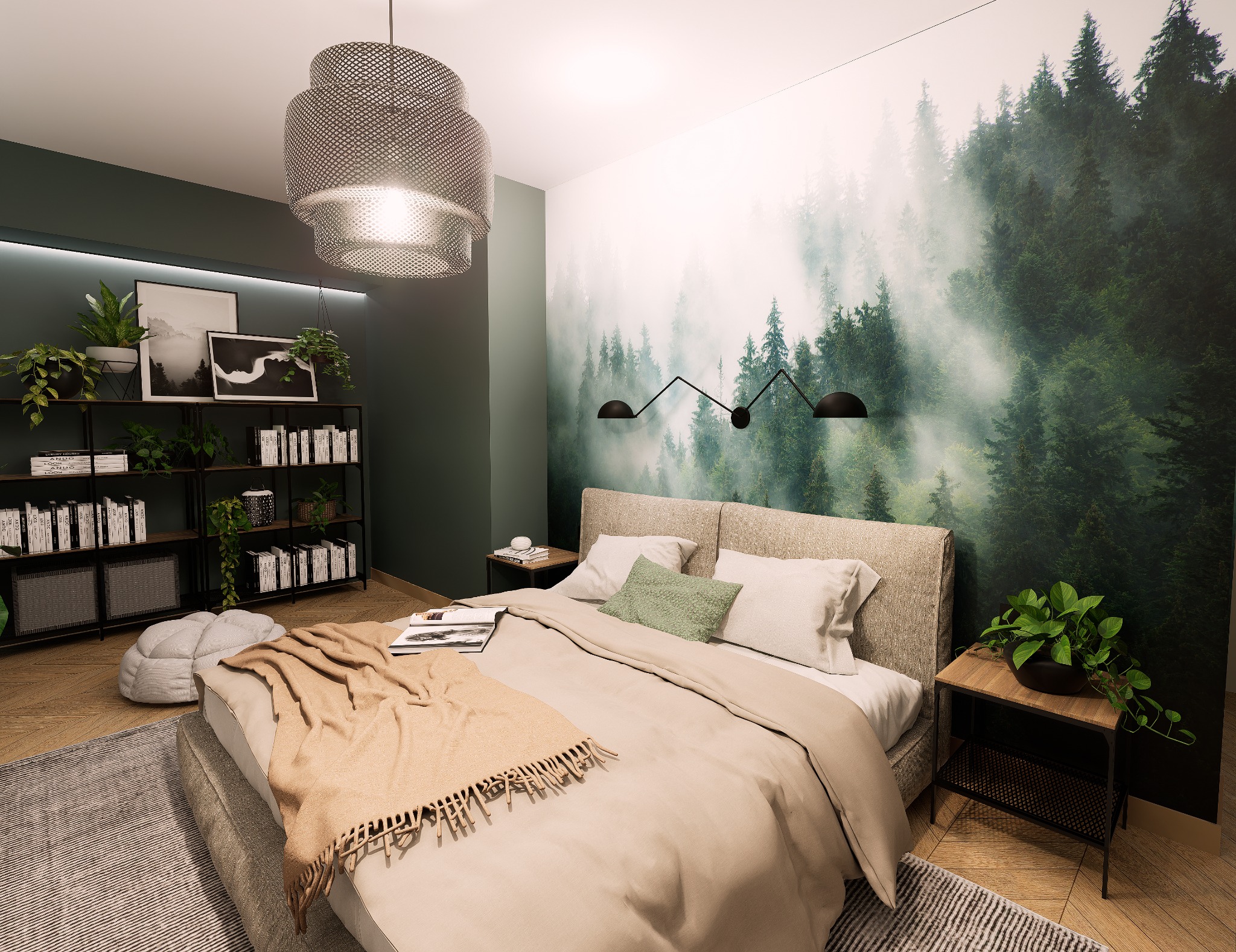 Nowoczesna sypialnia z fototapetą leśną, metalową lampą wiszącą, regałem z książkami i roślinami oraz beżowym łóżkiem z pledem i poduszkami.