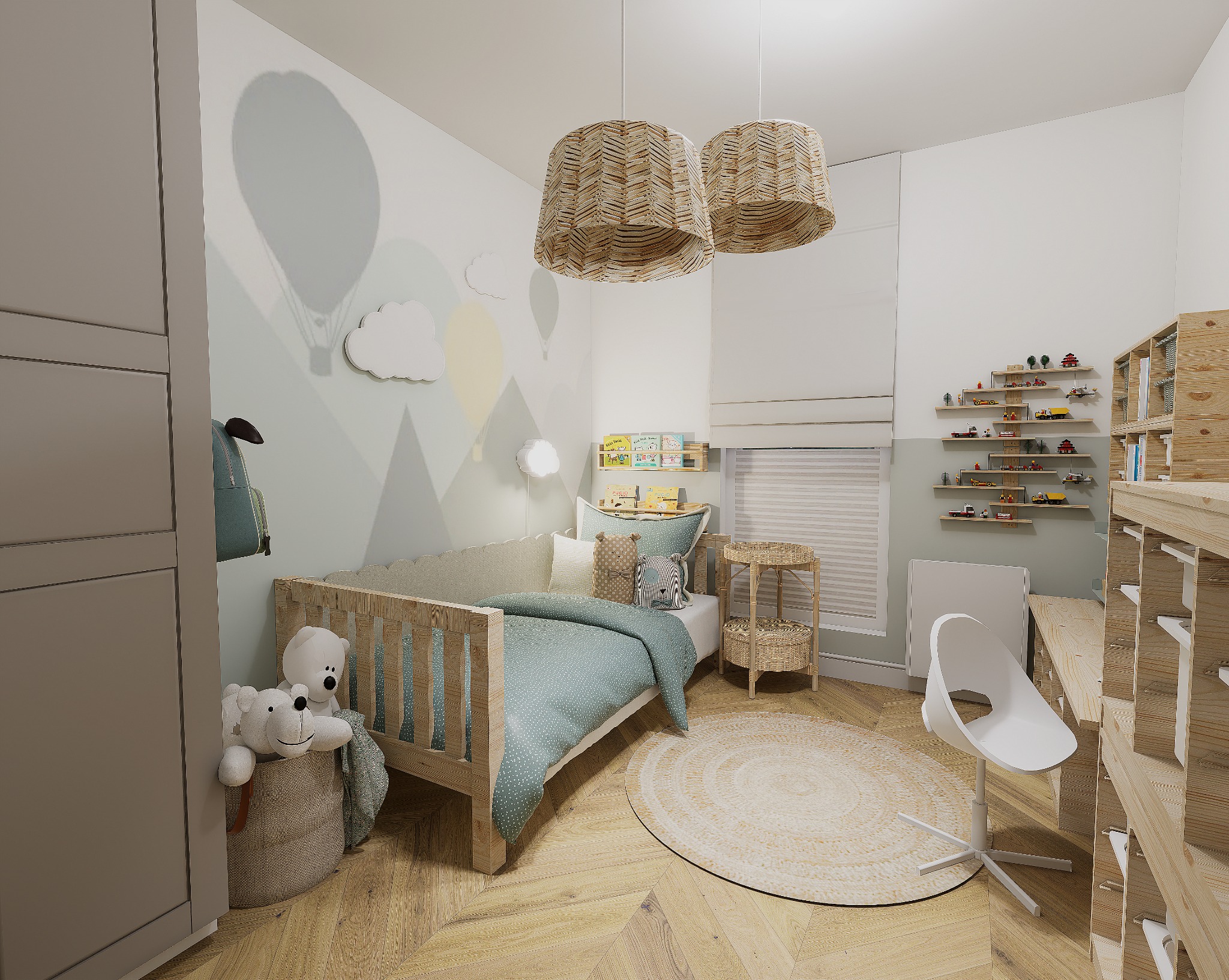 Pokój dziecięcy z drewnianym łóżeczkiem, lampami z abażurami z plecionki, dywanem z juty, biurkiem i regałem z jasnego drewna, dekoracjami ściennymi z motywem balonów i gór oraz zabawkami.