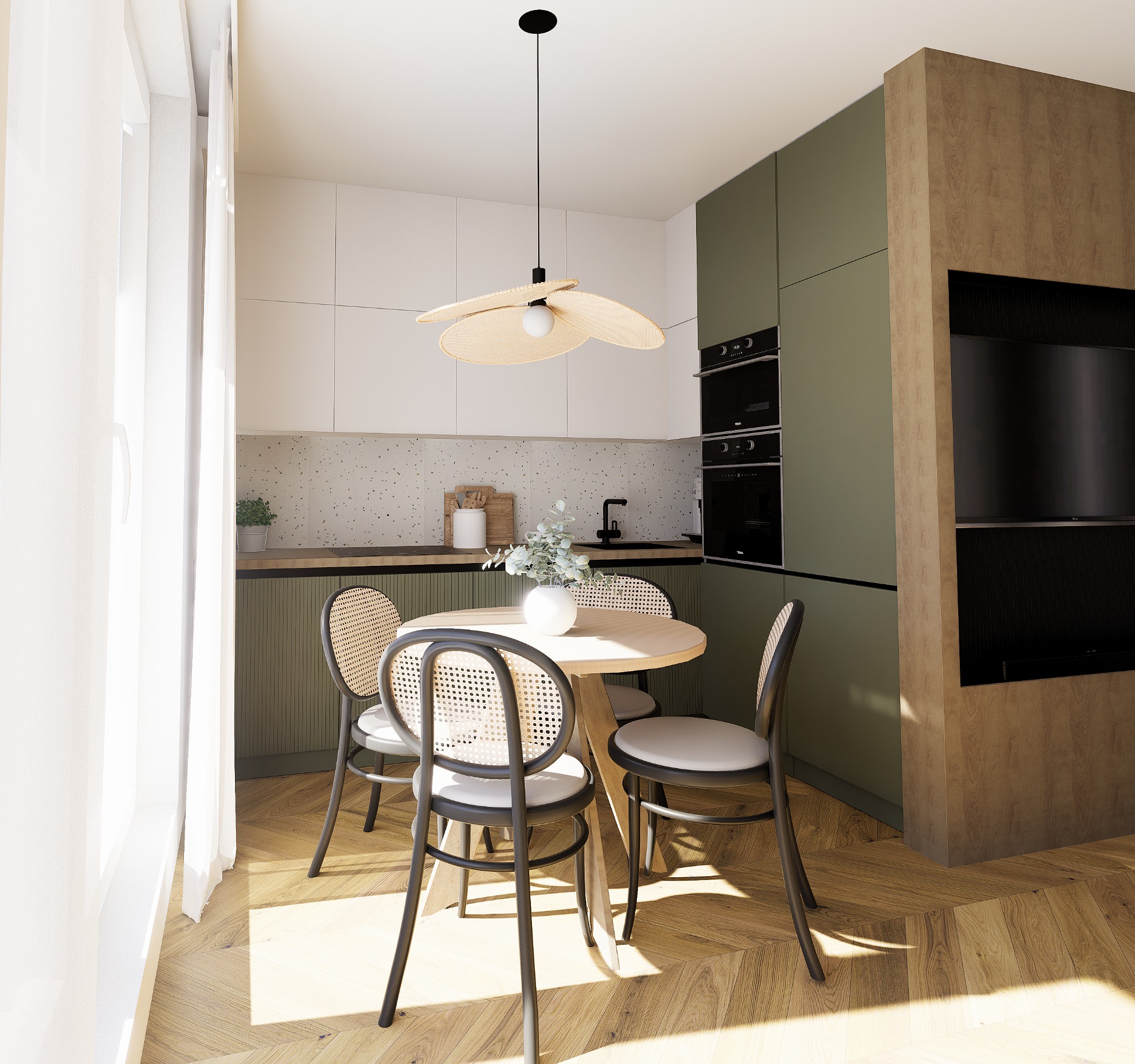 Jasna kuchnia z okrągłym stołem i czterema krzesłami w stylu retro, wisząca lampa z abażurem z naturalnego materiału, drewniana podłoga ułożona w jodełkę, nowoczesne meble kuchenne w kolorach bieli...