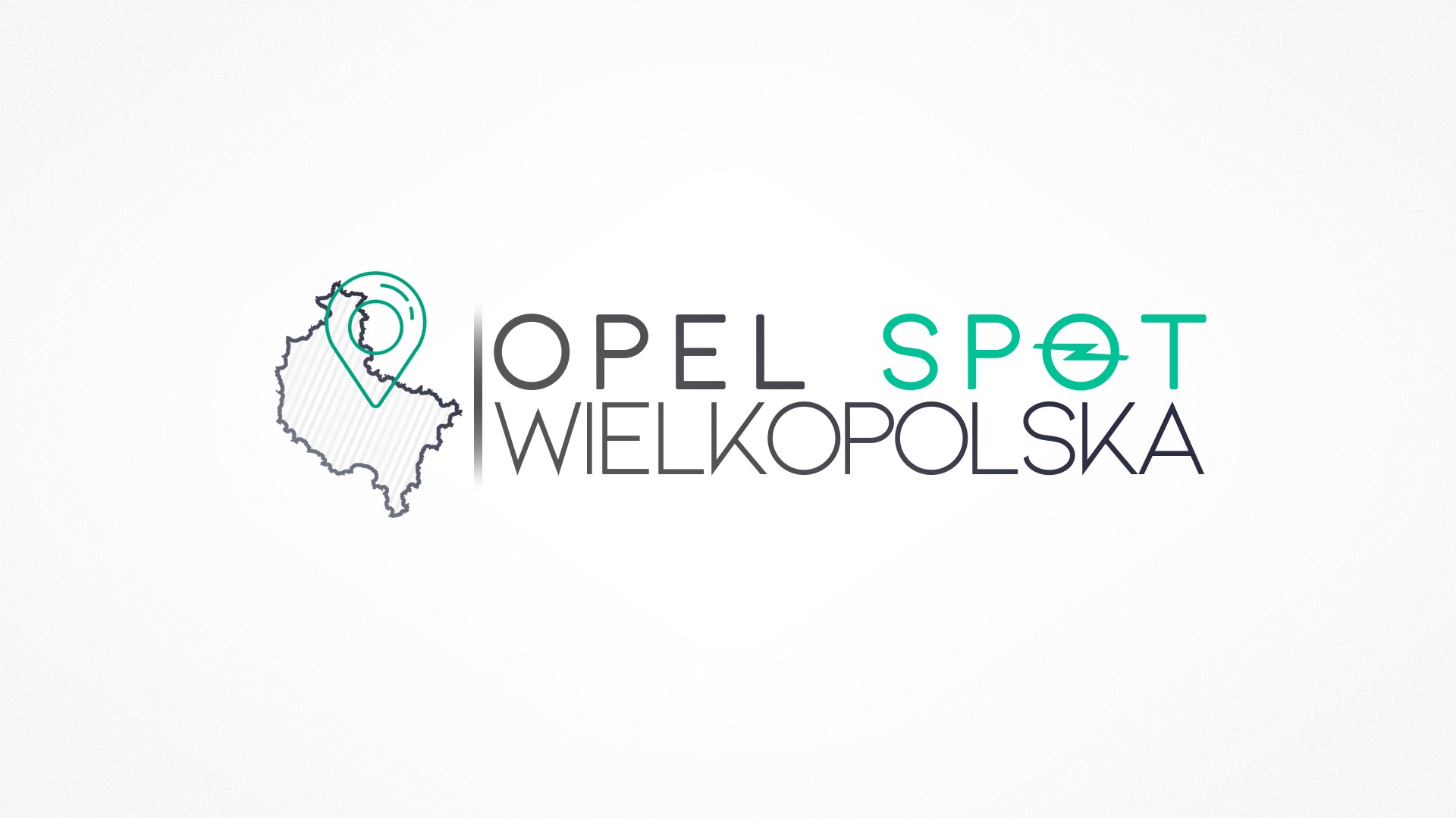 Logo Opel Spot Wielkopolska z mapą Polski i pinezką lokalizacyjną w kolorach szaro-zielonych.