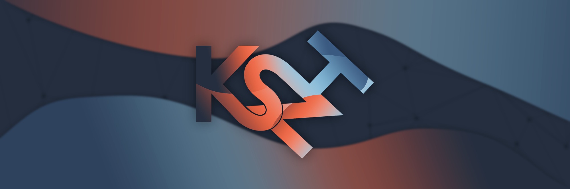 Abstrakcyjne logo KSH z gradientem kolorów pomarańczowo-niebieskim na ciemnym, falującym tle.