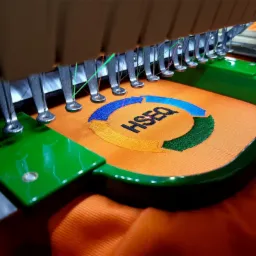 Proces haftowania logo 'HSEQ' w kolorach niebieskim, żółtym i zielonym na pomarańczowej tkaninie w Zawadzie, widoczne igły maszyny do haftu i zielona ramka stabilizująca materiał.