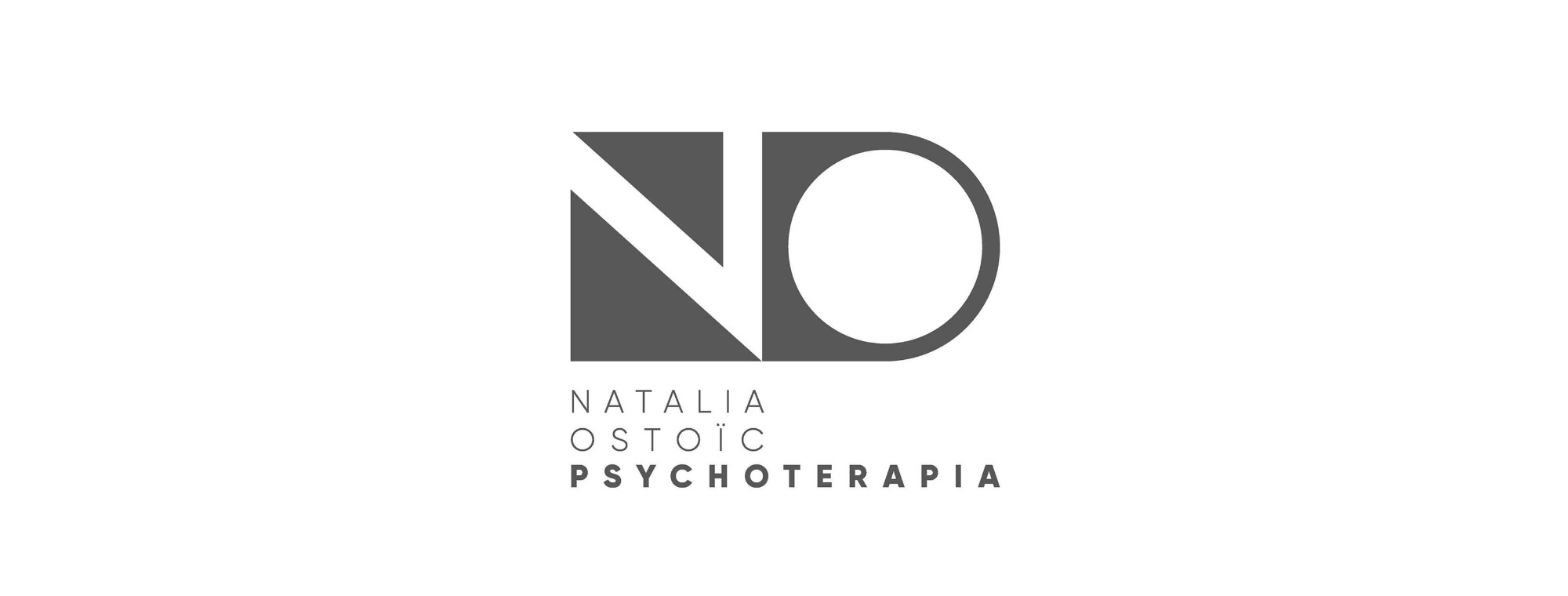 Logo firmy Natalia Ostoic, Psychoterapia, z geometrycznym symbolem NO w kolorze szarym na białym tle.