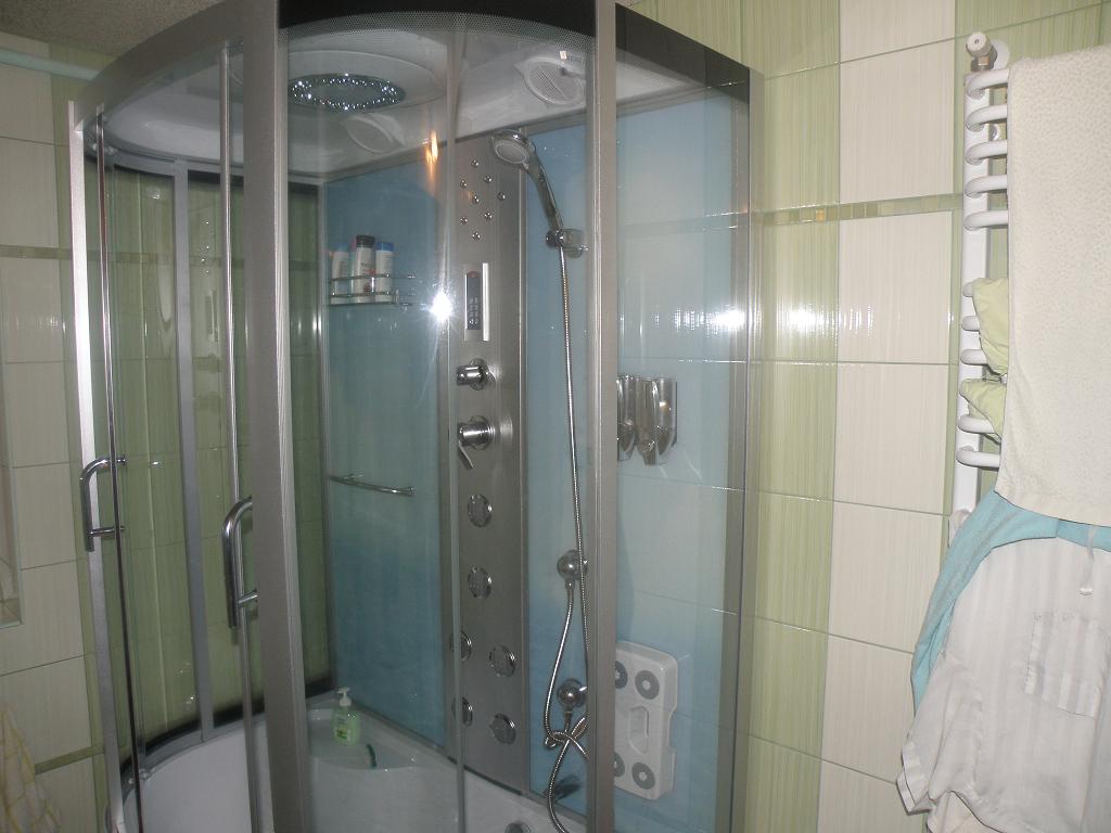 Kabina prysznicowa z hydromasażem w łazience wykończonej płytkami w odcieniach bieli i zieleni, z widocznym grzejnikiem drabinkowym i dozownikiem mydła w płynie.