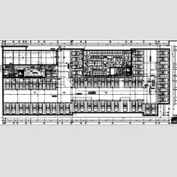 Techniczny rysunek architektoniczny parkingu podziemnego z numerowanymi miejscami postojowymi i schematem komunikacji.