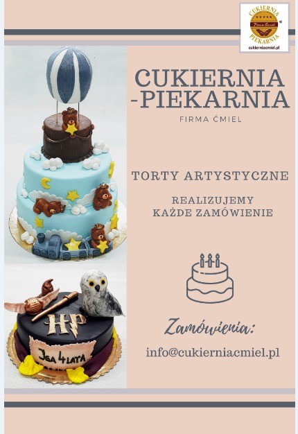 Kolaż reklamowy prezentujący dwa torty artystyczne: jeden wielopoziomowy z motywem balonu i misiami, drugi inspirowany Harrym Potterem z sową i napisem 'JGA 4 LATA'.