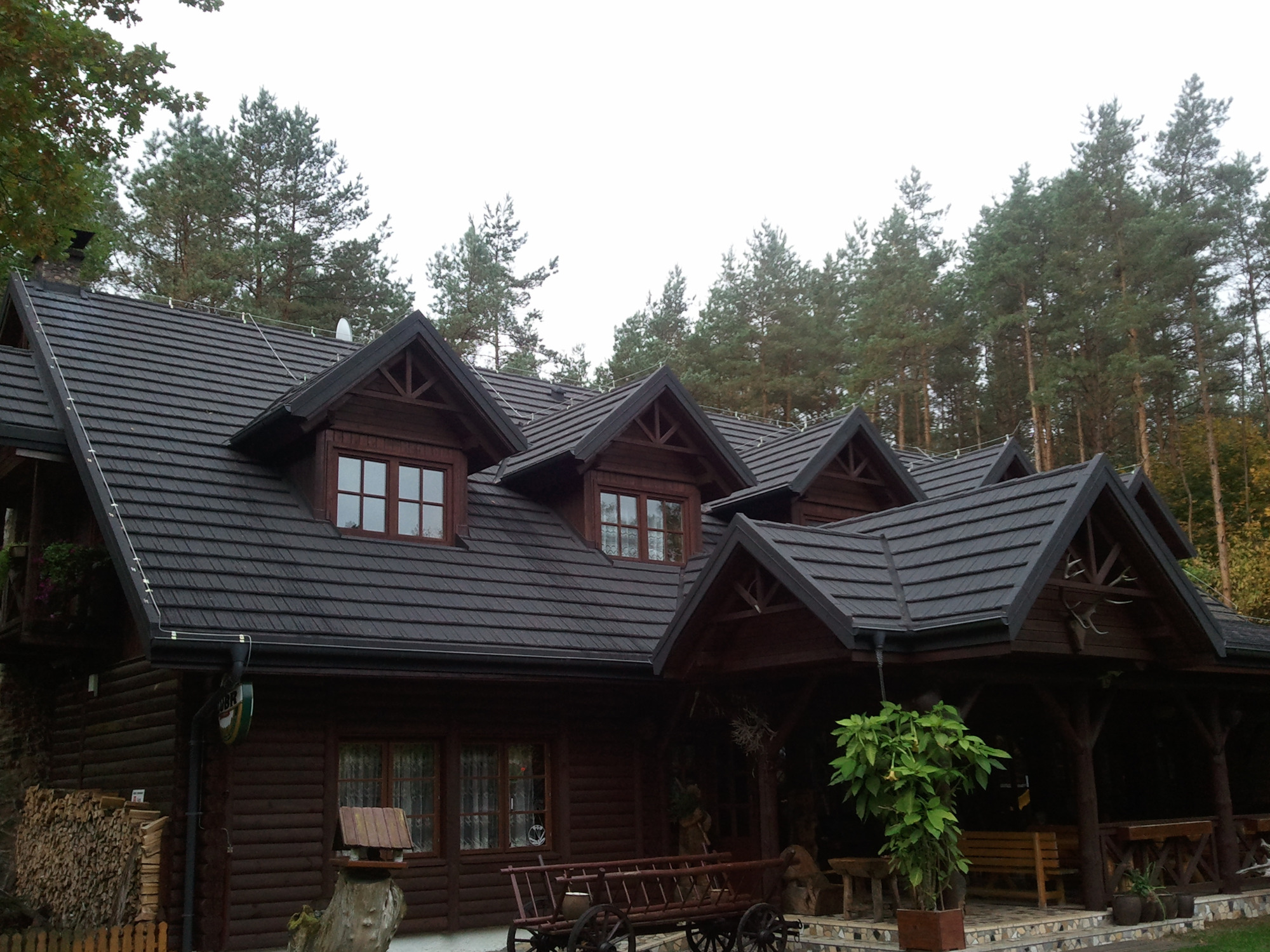 Ciemnobrązowy, drewniany dom z wielospadowym dachem pokrytym ciemną dachówką, otoczony drzewami.