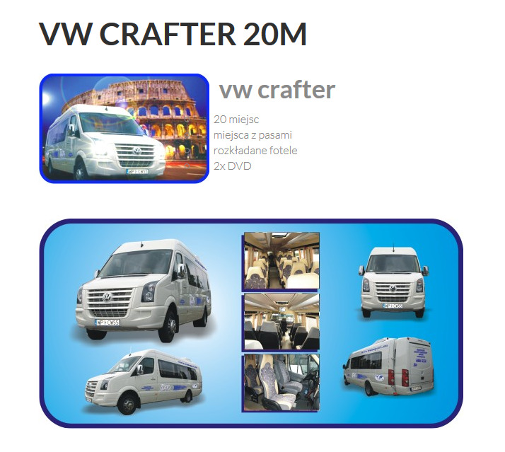 VW Crafter 20M z widokiem na Koloseum, prezentacja wnętrza i zewnętrznego wyglądu busa z rozkładanymi fotelami i 20 miejscami.