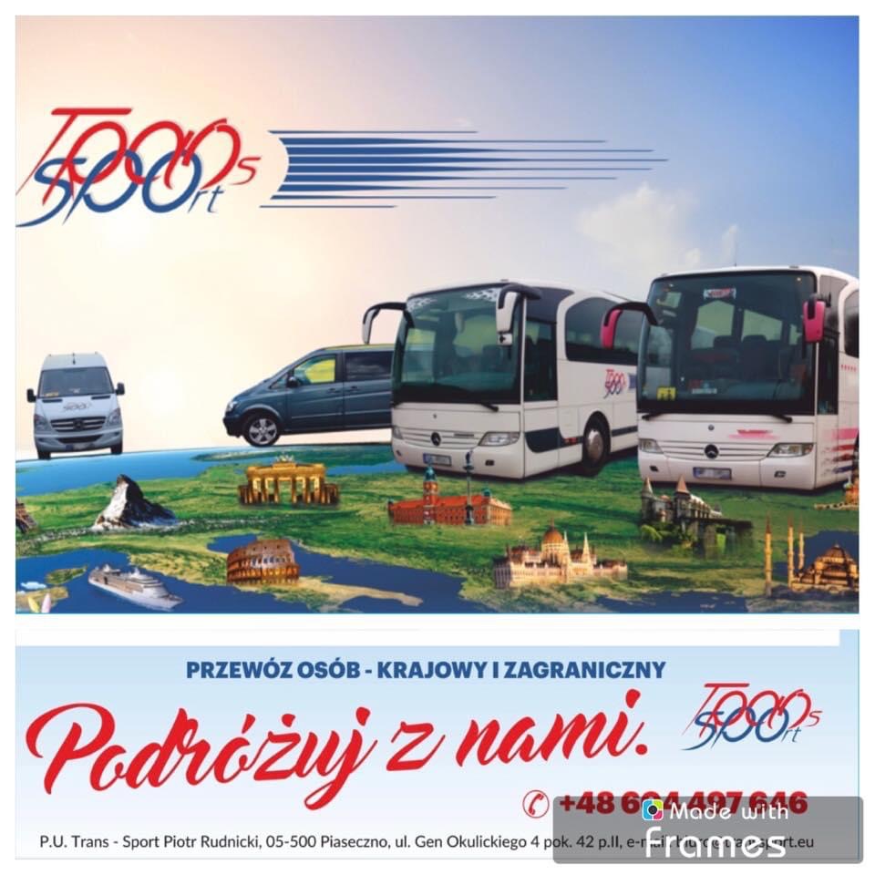 Grafika reklamowa firmy transportowej z autobusami i vanem na tle mapy świata z miniaturami znanych budowli, hasło 'Podróżuj z nami' i logo firmy.