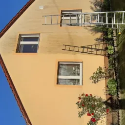 Elewacja domu z widocznymi śladami po czyszczeniu, drabina oparta o ścianę, trawnik z widocznym wężem ogrodowym.