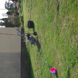 Agregat malarski spalinowy na trawniku obok ściany budynku z drabinką na dachu, w tle rabata z czerwonymi różami