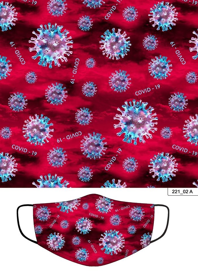 Tkanina z nadrukiem wirusa COVID-19, użyta do uszycia maski ochronnej na twarz, widocznej w dolnej części kadru.