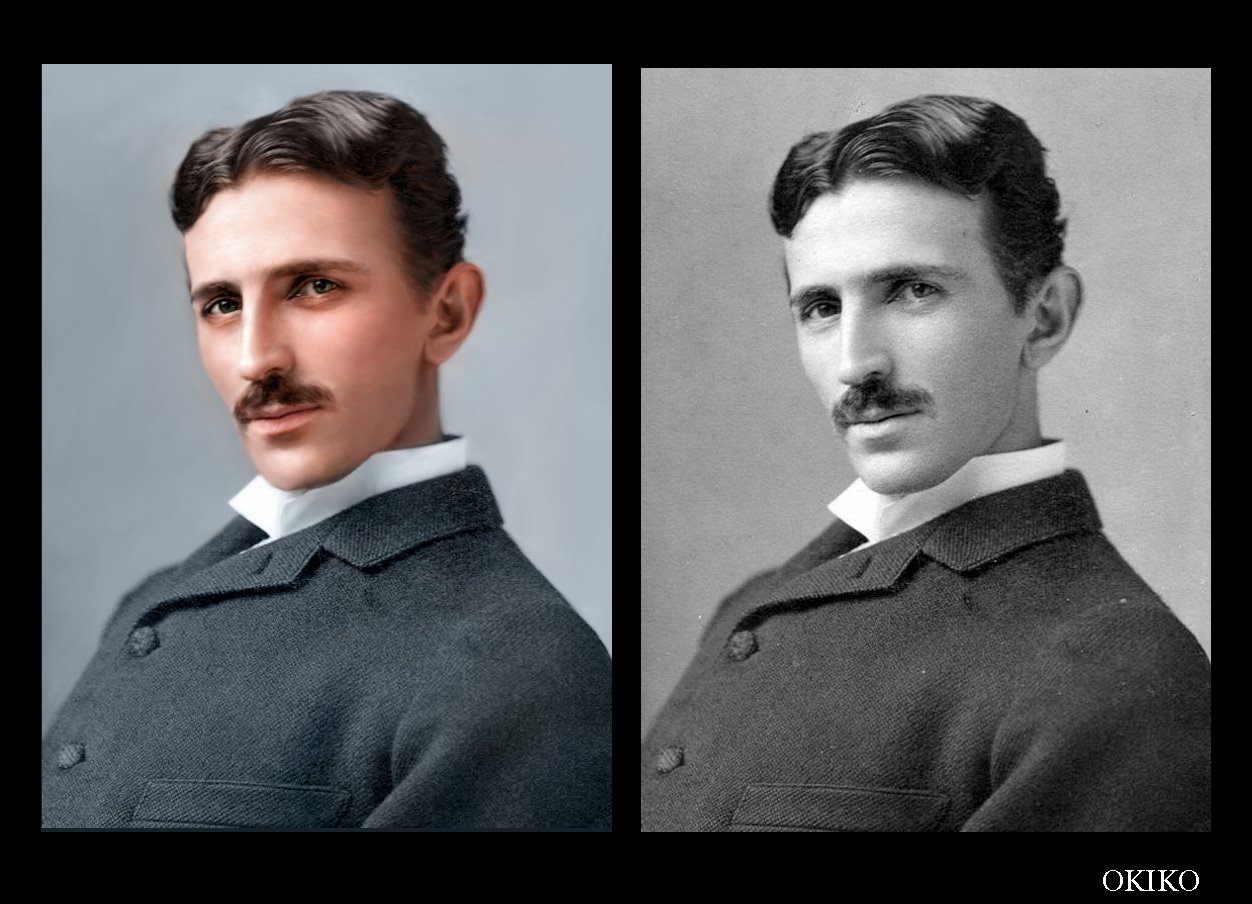 Portret Nikoli Tesli: kolorowana wersja obok czarno-białej, widok z profilu, ciemny garnitur i biały kołnierzyk