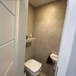 Mała, nowoczesna łazienka w odcieniach szarości z podwieszaną toaletą, umywalką na postumencie i minimalistyczną półką nad toaletą, widziana z perspektywy otwartych białych drzwi.