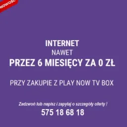 Promocja na pakiet internetowy z telewizją: nowoczesny dom z anteną, dekoder Play Now TV z pilotem oraz informacje o ofercie 'Internet nawet przez 6 miesięcy za 0 zł' z abonamentem od 35 zł...
