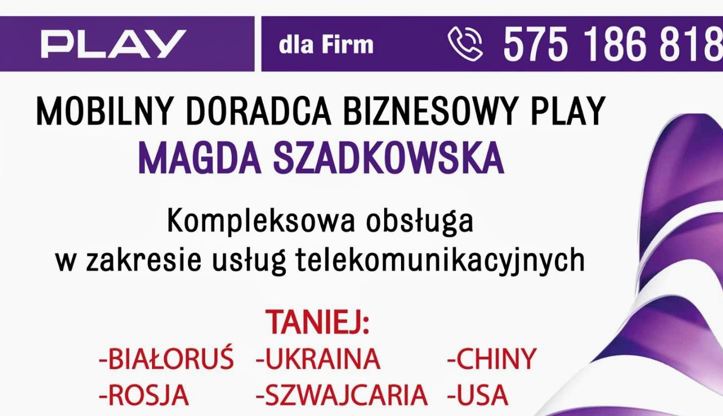 Mobilny doradca biznesowy Play Magda Szadkowska oferuje kompleksową obsługę w zakresie usług telekomunikacyjnych, taniej połączenia do Białorusi, Ukrainy, Chin, Rosji, Szwajcarii i USA.
