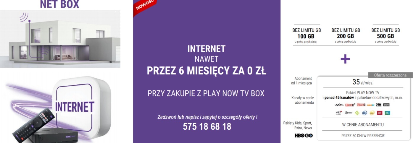 Promocja na pakiet internetowy z telewizją: nowoczesny dom z anteną, dekoder Play Now TV z pilotem oraz informacje o ofercie 'Internet nawet przez 6 miesięcy za 0 zł' z abonamentem od 35 zł...