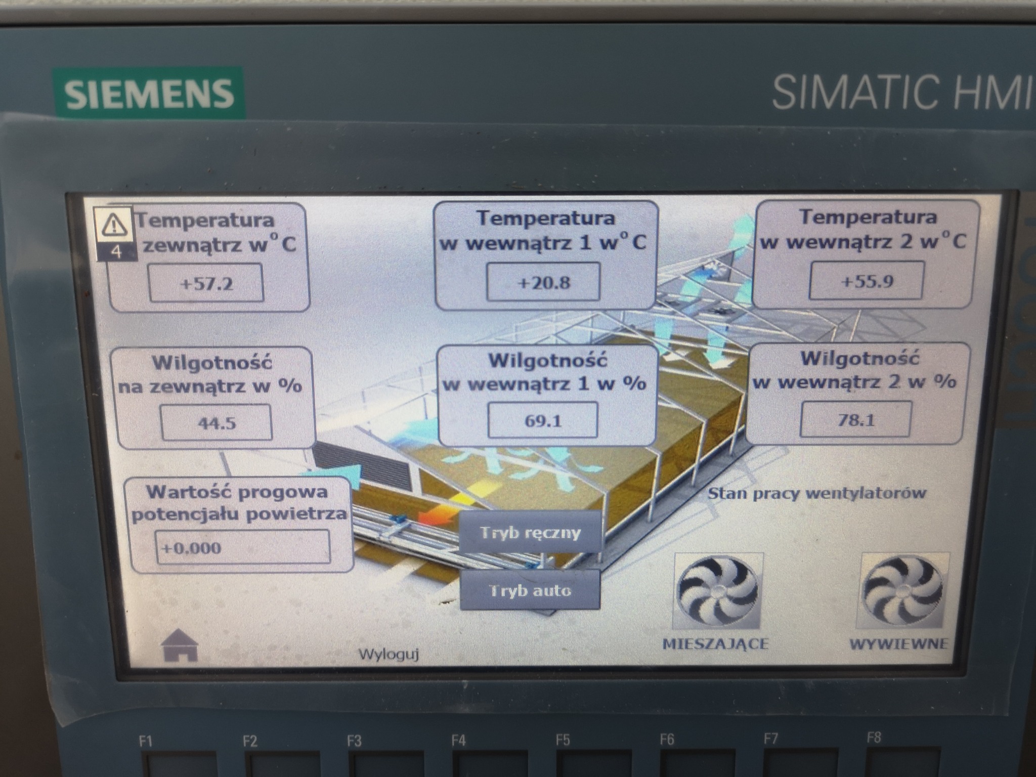 Ekran dotykowy sterownika Siemens Simatic HMI z wyświetlonymi danymi o temperaturze i wilgotności wewnątrz i na zewnątrz, trybem pracy wentylatorów (mieszające, wywiewne) oraz opcjami trybu...