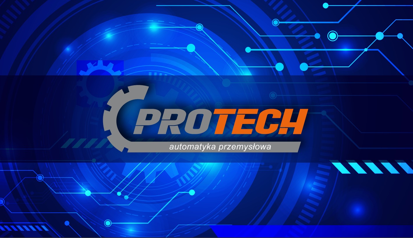 Logo firmy Protech na niebieskim tle z motywem obwodów elektronicznych i napisem 'automatyka przemysłowa'.