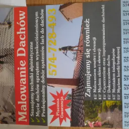 Ulotka reklamowa firmy oferującej usługi alpinistyczne, w tym malowanie i mycie dachów, z numerem telefonu i zapewnieniem pisemnej gwarancji.