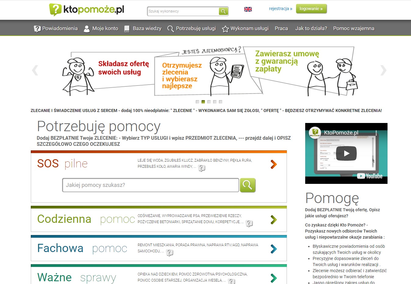 Strona główna serwisu KtoPomoże.pl z hasłem 'Potrzebuję pomocy' i listą kategorii usług: SOS pilne, Codzienna pomoc, Fachowa pomoc, Ważne sprawy.