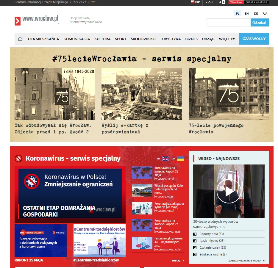 Strona główna serwisu wroclaw.pl z informacjami o 75-leciu Wrocławia, koronawirusie i wsparciu dla przedsiębiorców.