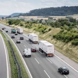 Autostrada z ruchem samochodów osobowych i ciężarowych, w tle zalesione wzgórza.